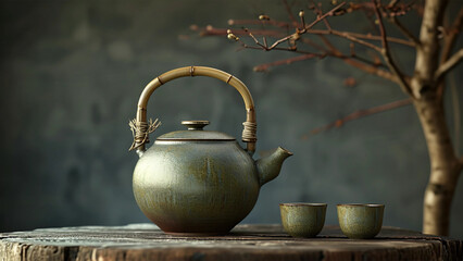 Japanese teapot and tecups on the table, traditional style