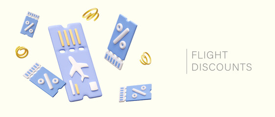 Concept of flight discounts. Poster with realistic air tickets and flying coupons with discounts. Travel tour sale promotion. Vector illustration in 3d style with place for text