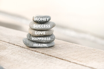 Money, Success, Love, Happiness and Health. Steps of happiness and success concept