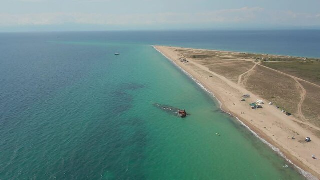 Aerial view of amazing coast of Halkidiki region in northern Greece with beautiful triangle beach, Mur, ściana point and Shipwreck Epanomi.