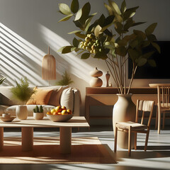 Modern interior lifestyle Mediterranean in summer scene, plant with fruit on table with light and shadow