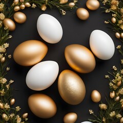 Easter background. Golden Easter eggs, mimosa flowers on black background. Top view, copy space. Easter spring theme.