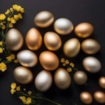 Easter background. Golden Easter eggs, mimosa flowers on black background. Top view, copy space. Easter spring theme.