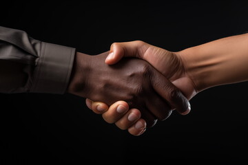 Close up shaking hand on black background. Collaboration and teamwork concept. Generated AI