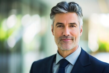 Head shot of a male executive with office blurred in the background  - Powered by Adobe