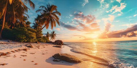 Panoramic view of beautiful tropical beach with palm trees and pink sand - obrazy, fototapety, plakaty