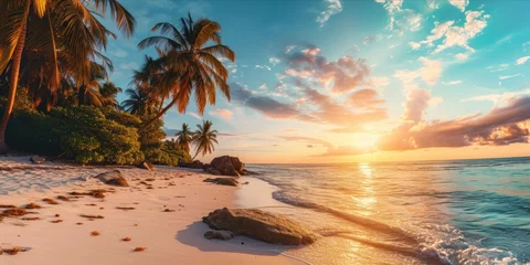 Tuinposter Panoramic view of beautiful tropical beach with palm trees and pink sand © YuDwi Studio