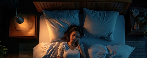Fototapeta premium Woman Resting Comfortably in Bed Under a Cozy Blanket Battling Generative AI