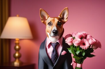 An elegant humanoid dog in a blue suit with a tie and a bouquet of roses in his paws on a red background. The concept of a greeting card for Valentine's Day and holidays