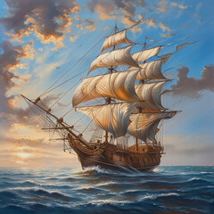 Illustration of a classic boat at sea