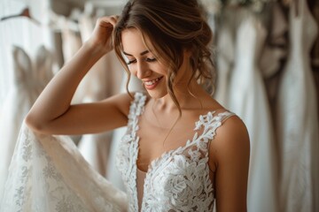 Naklejka premium Beautiful Woman Trying On Wedding Dress In Store