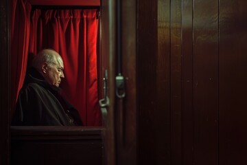 Naklejka premium Engaged Priest Hearing A Person's Confession In A Confessional Booth
