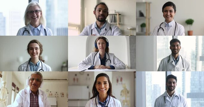 Video call of group multiethnic physicians, collage view. Different age and race GP workers listening young female therapist, make speech, take part in medical council use videoconference application