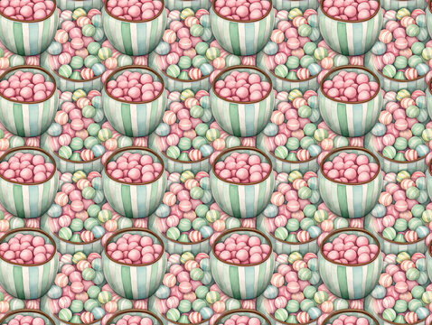 Gef&auml;&szlig;e T&ouml;pfe mit Bonbons S&uuml;&szlig;igkeiten Hintergrund Textur Kachel