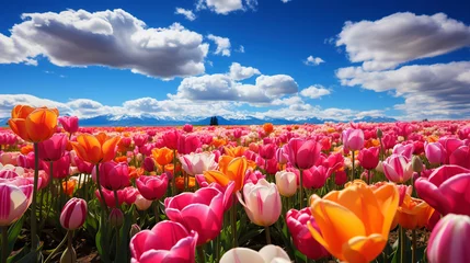 Foto op Canvas A ripe colorful tulip field in an agricultural landscape. A picturesque view of the field. Generative AI © kovalovds