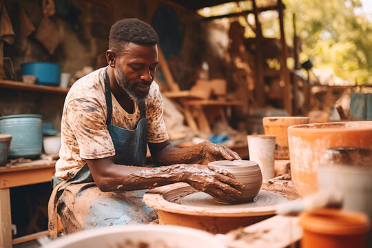 African american man making a pottery vessel in a pottery workshop. He is using an apron. Generative AI