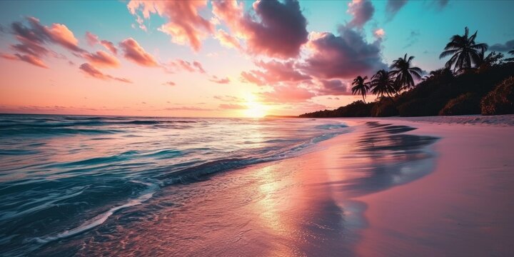 Panoramic view of beautiful tropical beach with palm trees and pink sand