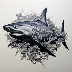 Fototapeta premium Painting of a shark with sea ocean swimming generative ai