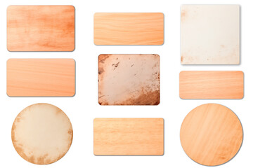 collection of empty old and new boards, round, square, rectangular templates for layout. separate dirty torn clean pieces of treated and untreated plywood