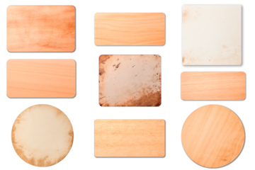 collection of empty old and new boards, round, square, rectangular templates for layout. separate dirty torn clean pieces of treated and untreated plywood