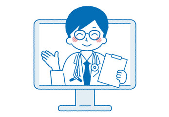 パソコンでオンライン診療をしている男性医師。指を刺して説明しているイラスト。