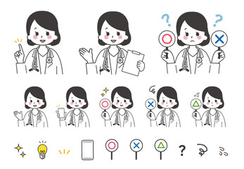 女性医師のポーズ集。指をさす仕草やマルバツの棒を持っている仕草。