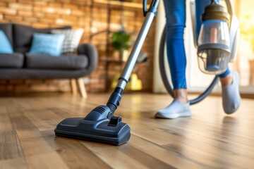 Housewife Cleans Home Using Vacuum Cleaner To Maintain Cleanliness And Tidiness
