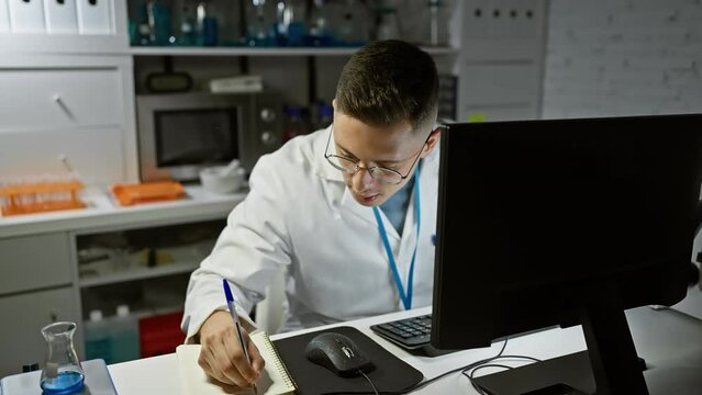 A focused hispanic man in a lab coat analyzes data at a computer in a modern laboratory setting.