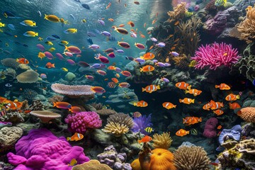 Fototapeta na wymiar Lively Coral Reef Brimming With Vibrant Fish In Array Of Colors