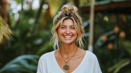 Woman Smiling and Wearing White Shirt at Spa Retreat Generative AI