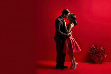 st valentines day concept. Loving couple on red background, free space for editing generative AI