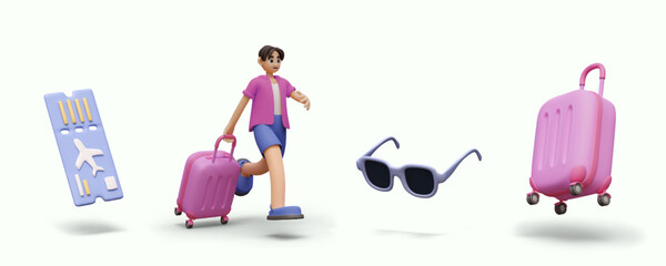 Set of 3D illustration for travel concept. Airline ticket with perforation, suitcase, sunglasses, male character in hurry with luggage. Isolated objects in cartoon style