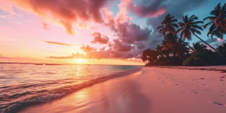 Panoramic view of beautiful sunset tropical beach with palm trees and pink sand 
