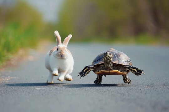 Epic Race Between A Rabbit And A Turtle On The Road