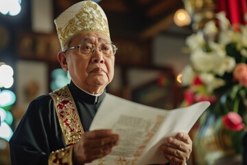 Traditional Attire-Wearing Senior Priest Poses With Church Wedding Ceremony Document