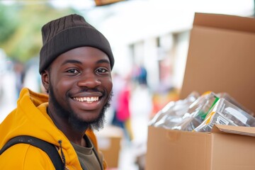 Grateful Black Volunteer Captures Heartwarming Moment While Holding Full Donation Box, Establishing Connection