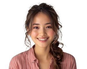 Excited Asian woman wear a red striped shirt Showing Blank Space Aside Over White Background,  