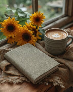 The image presents a cozy and inviting scene, featuring a grey journal or book with blank cover.  