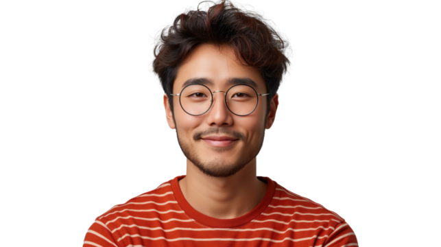 Excited Asian Man wear a red striped shirt Showing Blank Space Aside Over White Background 