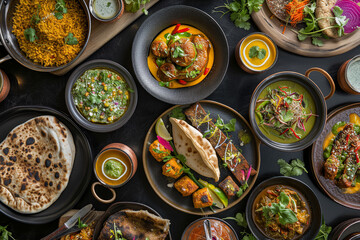Vibrant Indian Dishes Showcased On Luxurious, Dark Table, Evoking Opulence