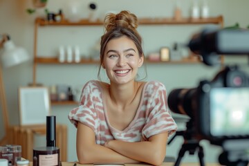 Young Influencer Talking About Beauty Products In Vlog Post From Home