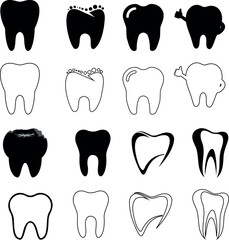 Dental, teeth vector icons set. Black, white illustrations of various teeth conditions, treatments. Ideal for dental care, dentist websites, oral health content