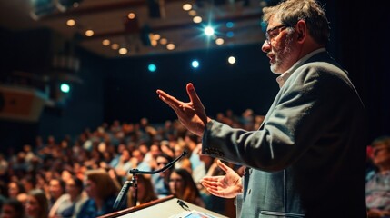 Fototapeta na wymiar Business Conference Speaker Addressing Crowd From Podium Generative AI