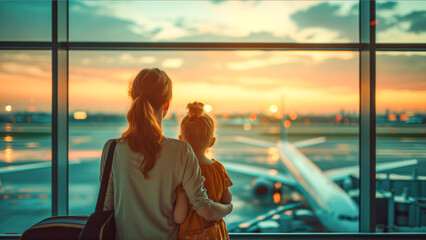 A mom and her little daughter are waiting for their flight at a large international airport.