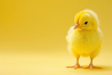 The cute and fluffy yellow feathers of a young easter chick on the clean yellow part of the background.