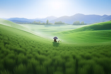 A farmer in a large rice field