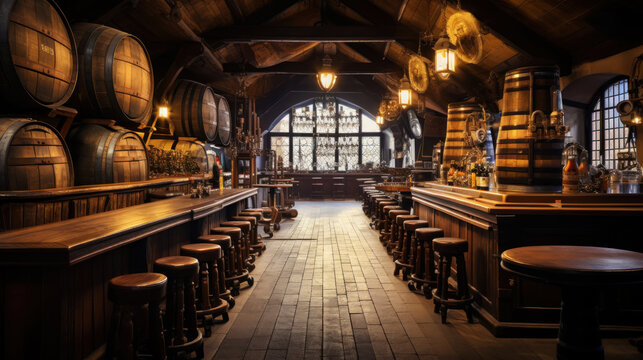 Professional photo of an old beer pub with beer barrels. The atmosphere of a traditional beer pub. Generative AI