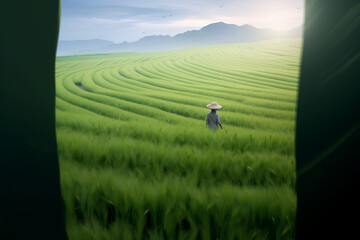Fototapeta premium A farmer in a large rice field