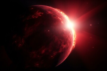 stunning crimson planet surrounded by sunlit beams amidst dark cosmic expanse. Generative AI