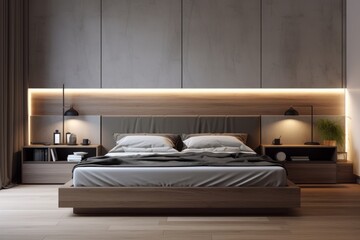 Minimalist bedroom with a platform bed, nightstands, and subtle lighting